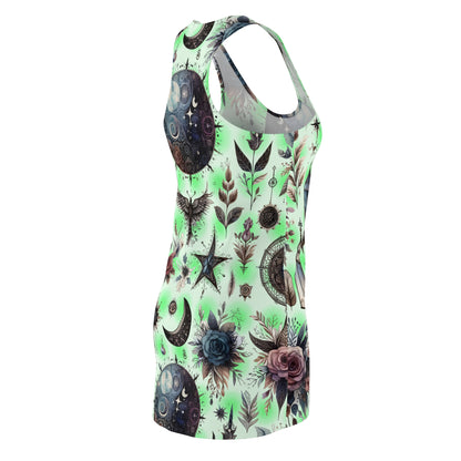 Another side view of Women’s Chic Designer Racerback Dress highlighting its unique graphic designs, a stylish addition to any wardrobe.