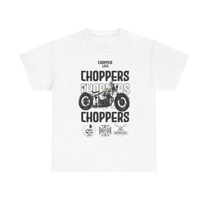 Luxurious white men's t-shirt featuring bold 'CHOPPER LIFE' design with a vintage motorcycle graphic, perfect for motorcycle enthusiasts.