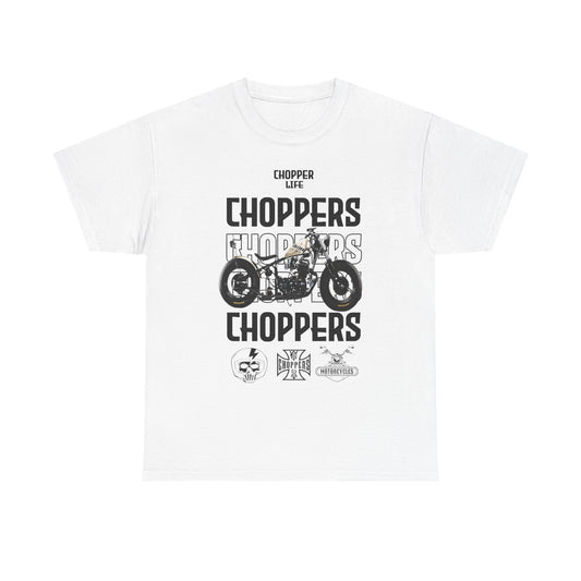 Luxurious white men's t-shirt featuring bold 'CHOPPER LIFE' design with a vintage motorcycle graphic, perfect for motorcycle enthusiasts.
