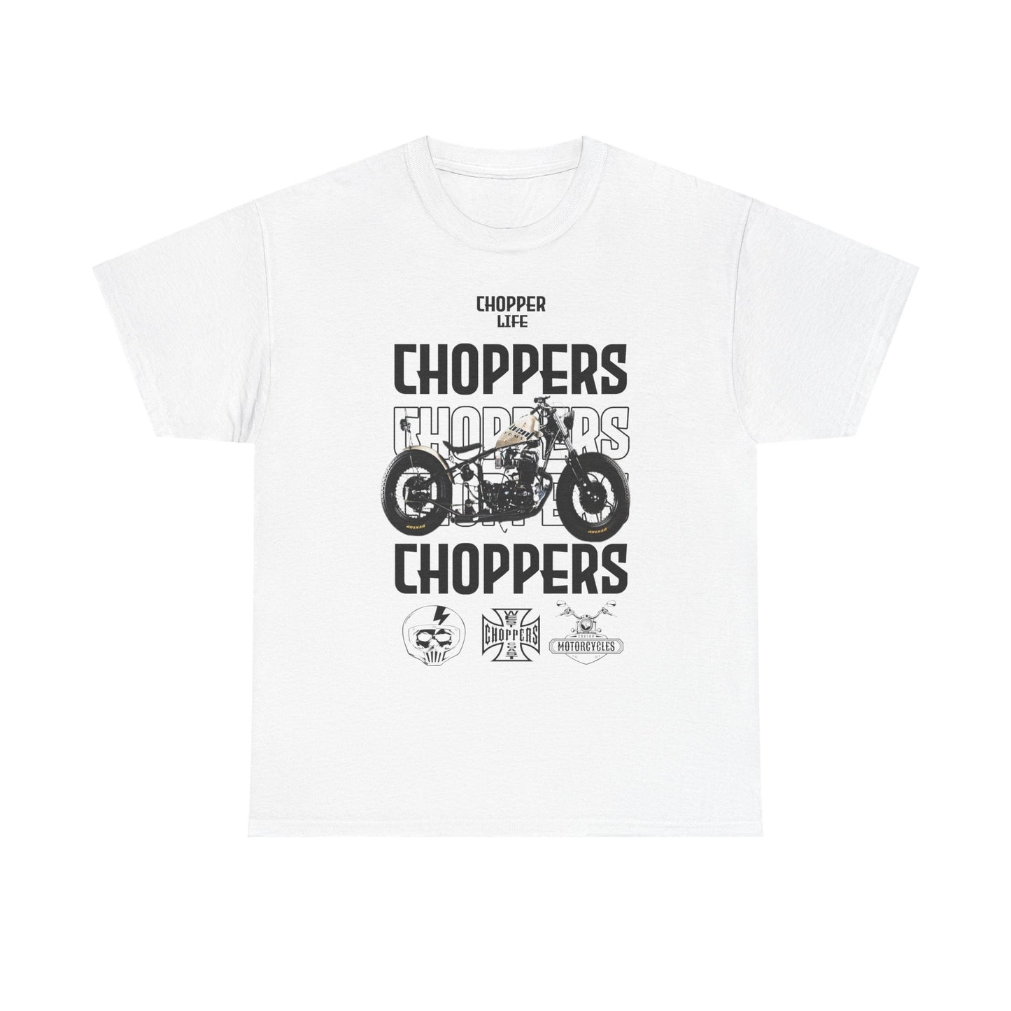 Dazzling Dreams sophisticated men's t-shirt featuring a striking Choppers design, showcasing a vintage motorcycle and bold 'Chopper Life' text in elegant black print on a pristine white backdrop.