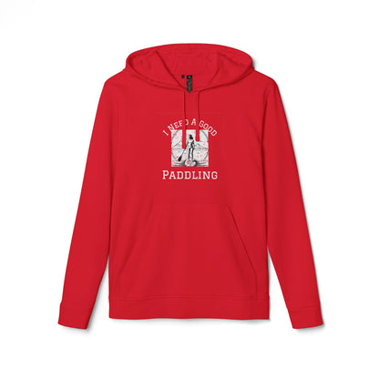 Adidas Women’s Fleece "I Need a Good Paddling" Hoodie in vibrant red, featuring a stylish paddleboarding graphic on the front, perfect for eco-conscious paddleboarders looking for comfort and elegance.