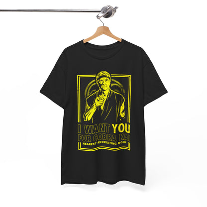 Sophisticated Cobra Kai graphic t-shirt displayed on a hanger, featuring the eye-catching phrase 'I Want You for Cobra Kai' in yellow against a classic black fabric.