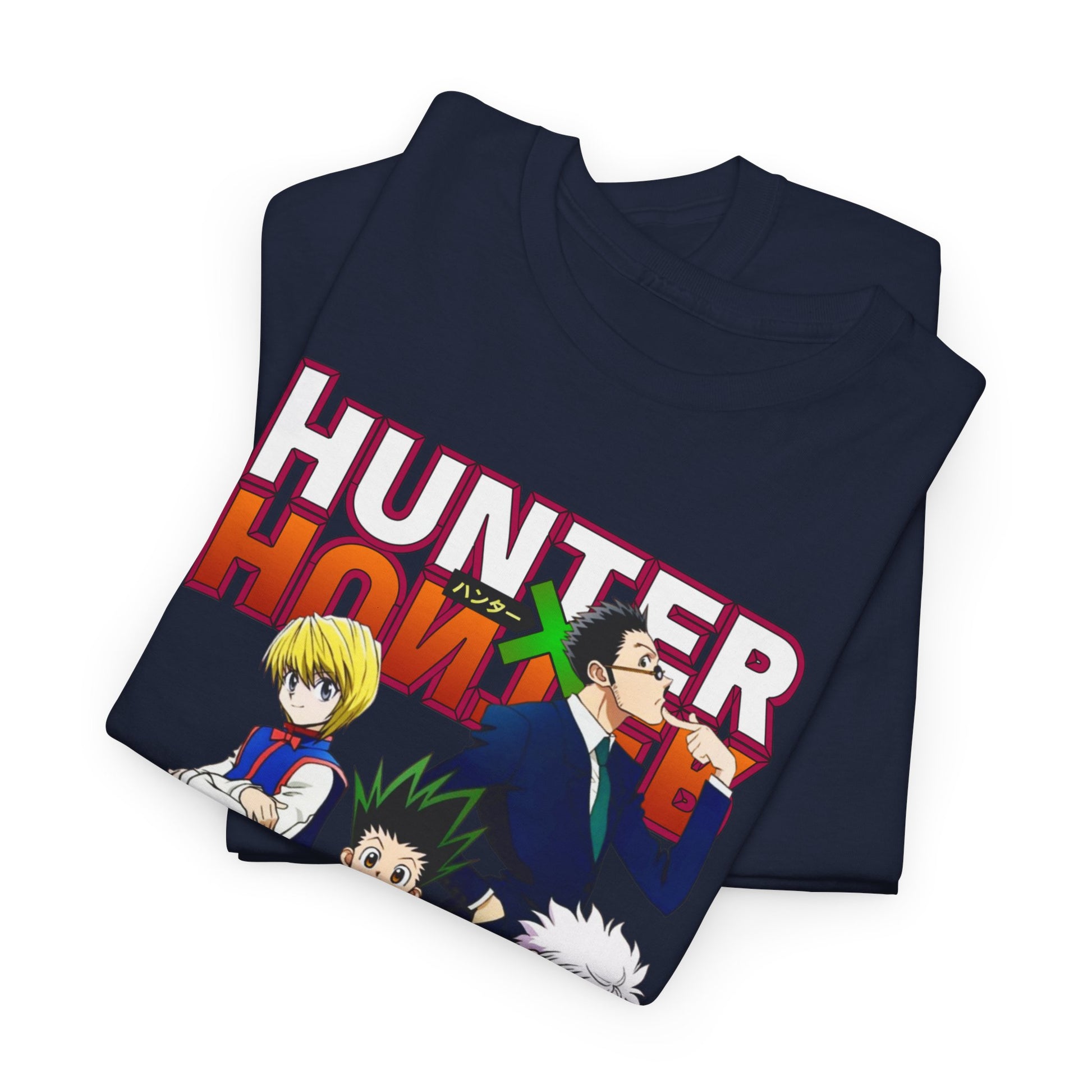 Stylish folded navy blue Hunter x Hunter T-shirts, featuring captivating character designs, embodying luxury and anime fandom.