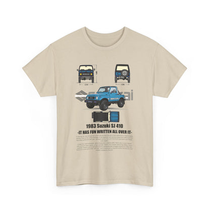 Classy beige t-shirt featuring a vintage Suzuki SJ 410 graphic, combining nostalgic automotive charm with contemporary flair.