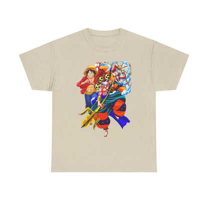 Elegant beige men's t-shirt adorned with vibrant anime designs, showcasing iconic characters for discerning anime enthusiasts.
