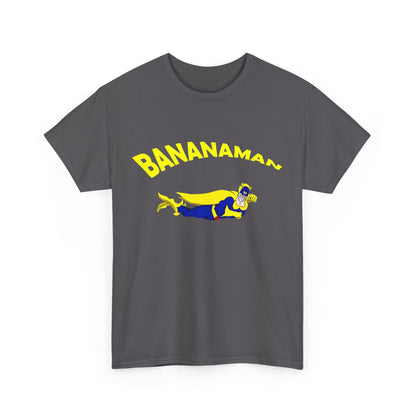 Limited Edition Bananaman Graphic Unisex T-Shirt featuring a whimsical superhero design, with vibrant colours and an artistic depiction of Banana Man in flight. Perfect for adding a touch of playful sophistication to any wardrobe.