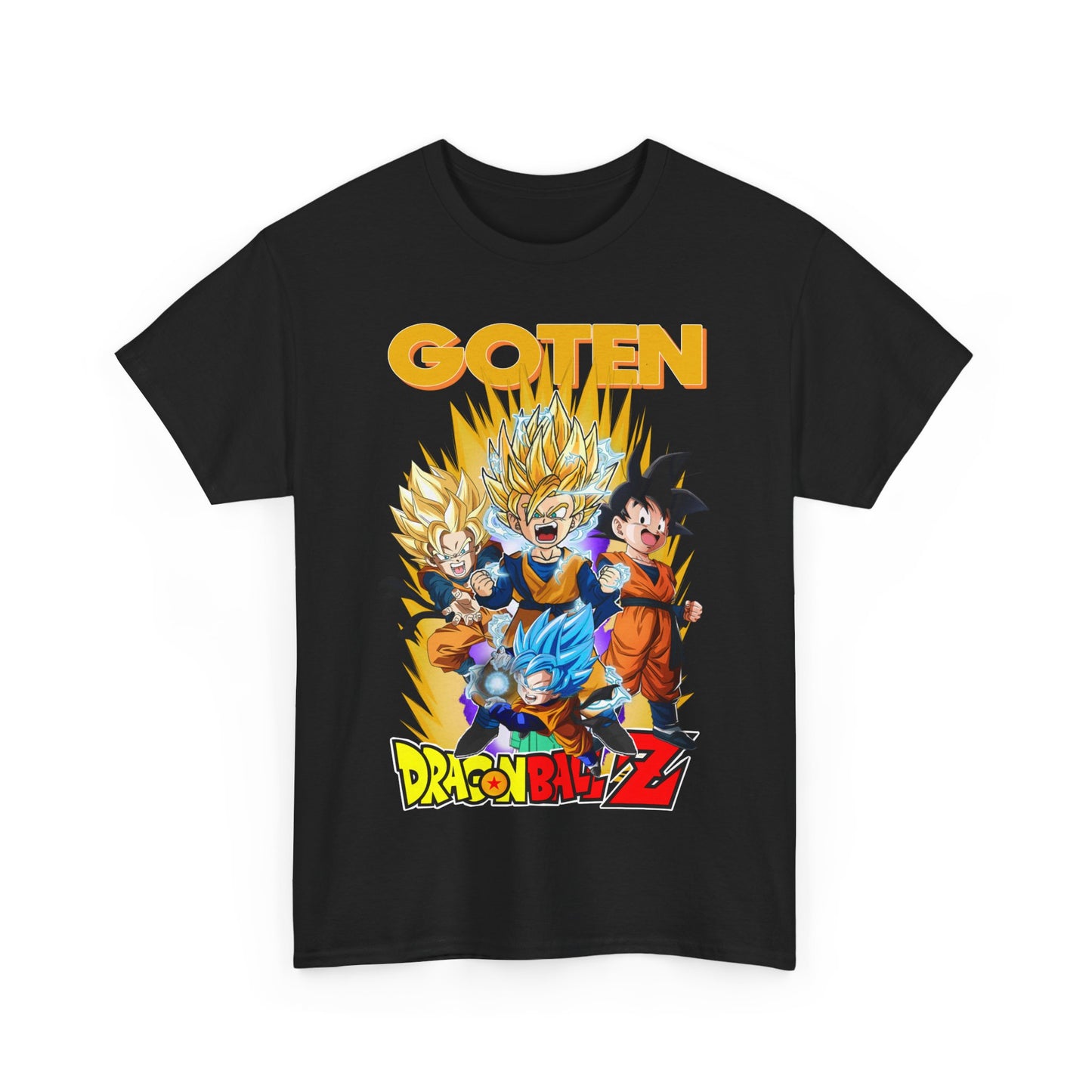 Luxury Dragon Ball Z GOTEN T-shirt featuring dynamic characters in vibrant action poses with bold yellow typography on a classic black base.