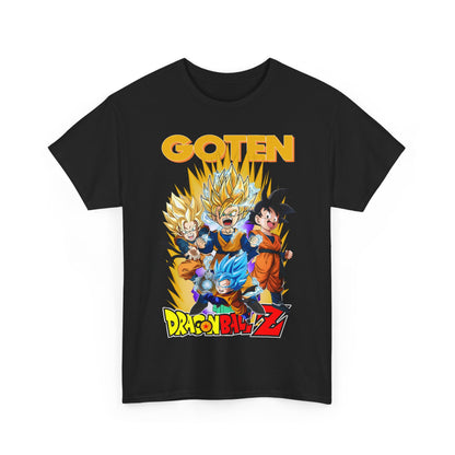 Luxury Dragon Ball Z GOTEN T-shirt featuring dynamic characters in vibrant action poses with bold yellow typography on a classic black base.