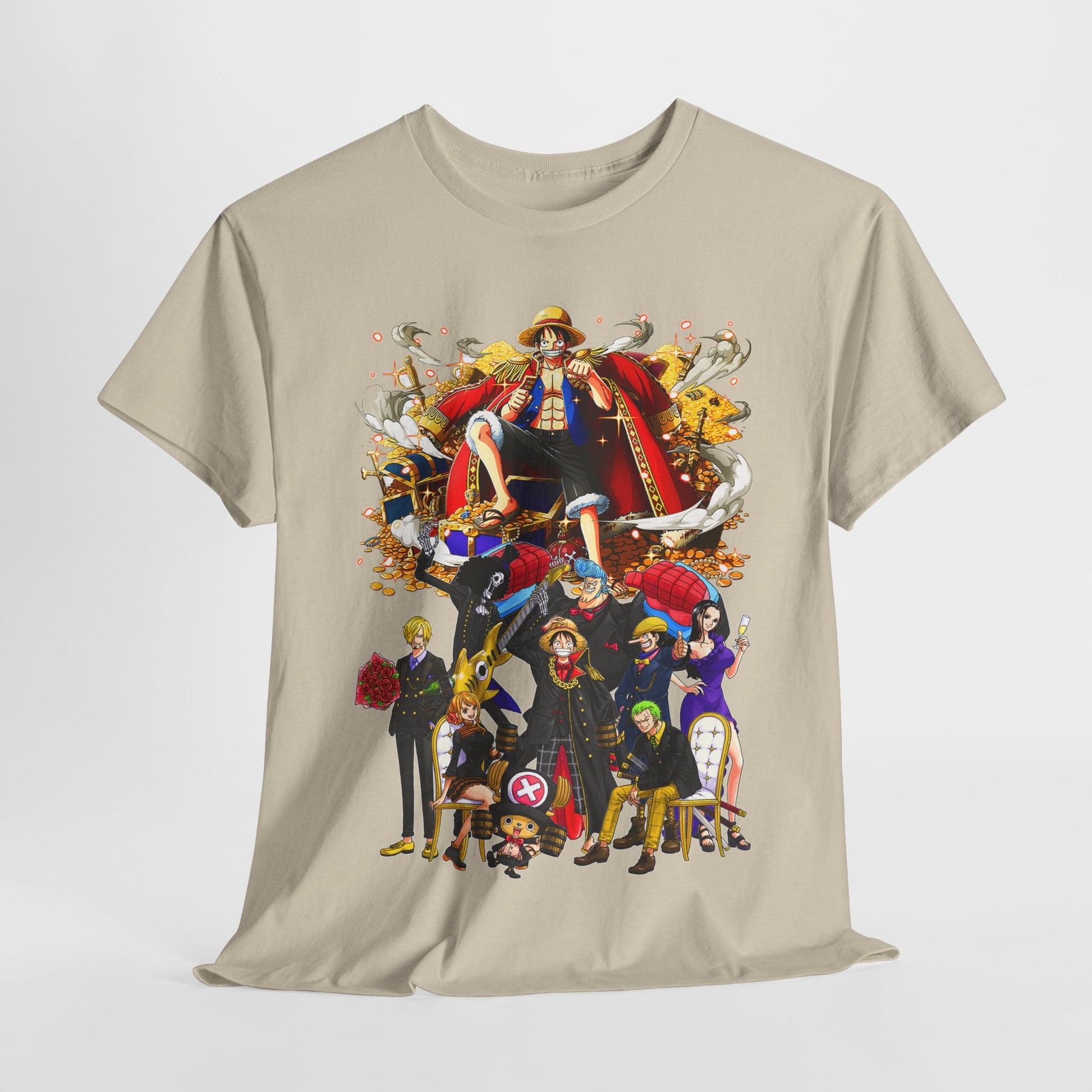 Elegant beige t-shirt displaying a stunning grouping of beloved anime characters, depicted in captivating detail amidst treasures, ideal for collectors and trendsetters.