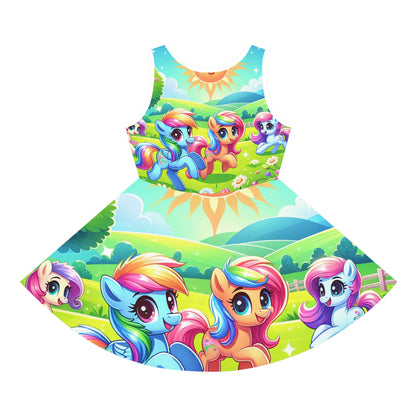 Close-up detail of the luxurious fabric of the Sophie Belleview Pony-Themed Sundress, highlighting the vibrant colours and breathable texture, designed by Dazzling Dreams Studio.