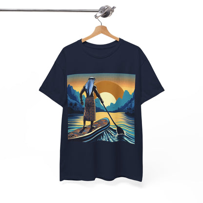 Lifestyle shot of friends paddleboarding, showcasing the Delightful Paddle Board T-Shirt by Dazzling Dreams Studio as a symbol of adventure and connection to nature.