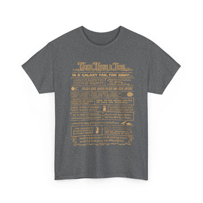 Once Upon a Time Graphic T-Shirt for Geeks - Vintage Cosmic Adventure Unisex Cotton Tee featuring a whimsical gold and beige print on a charcoal background.