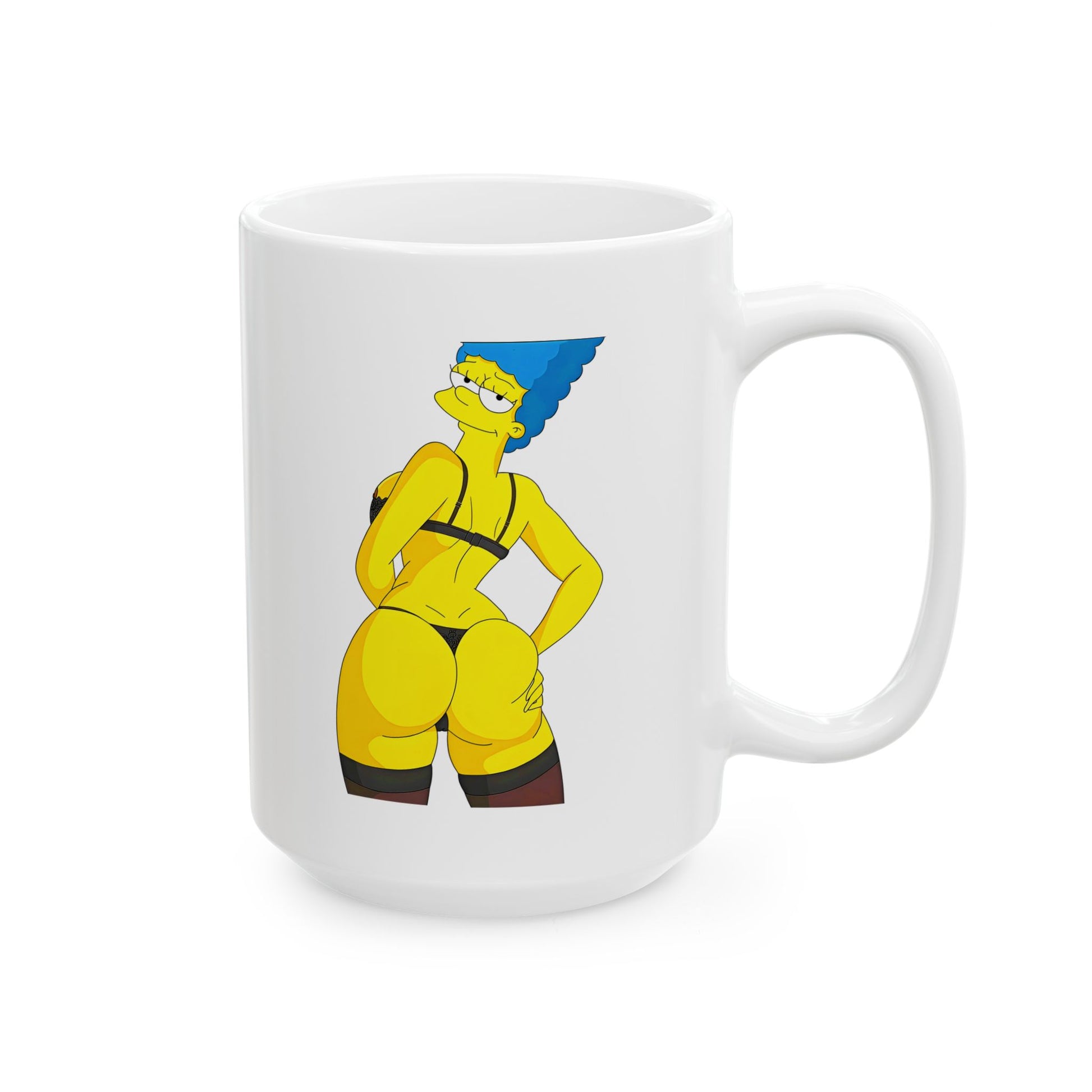 Marge Simpson Curvaceous Charm Ceramic Mug featuring the iconic Marge in a cheeky pose with her hands on her hips, perfect for bringing a playful twist to your coffee or tea routine.