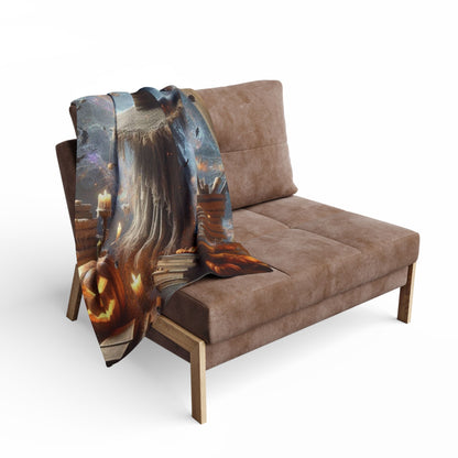 Refined Decorative and Warm Halloween Spooky Arctic Fleece Blanket draped over a stylish armchair, enhancing a cozy and festive Halloween atmosphere.
