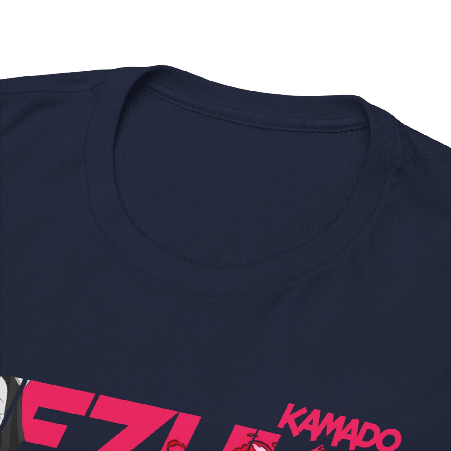 Detailed close-up of the neckline of the Nezuko Kamado T-shirt, showcasing luxurious fabric quality and refined stitching.