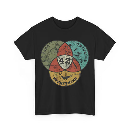 The Hitchhiker's Guide to the Galaxy 42 Graphic Unisex Tee Shirt, displaying a vintage-inspired front graphic with a captivating Venn diagram in rich colours.