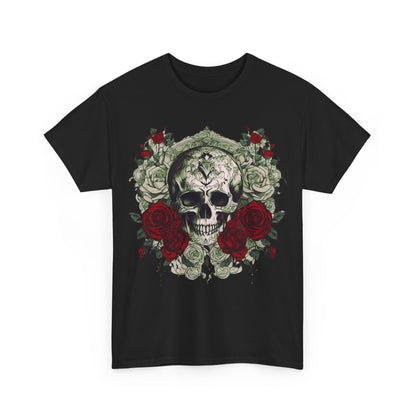 Front view of Skulls and Roses Cotton Tee featuring a striking steampunk design with skull and rose graphics, ideal for edgy fashion enthusiasts.