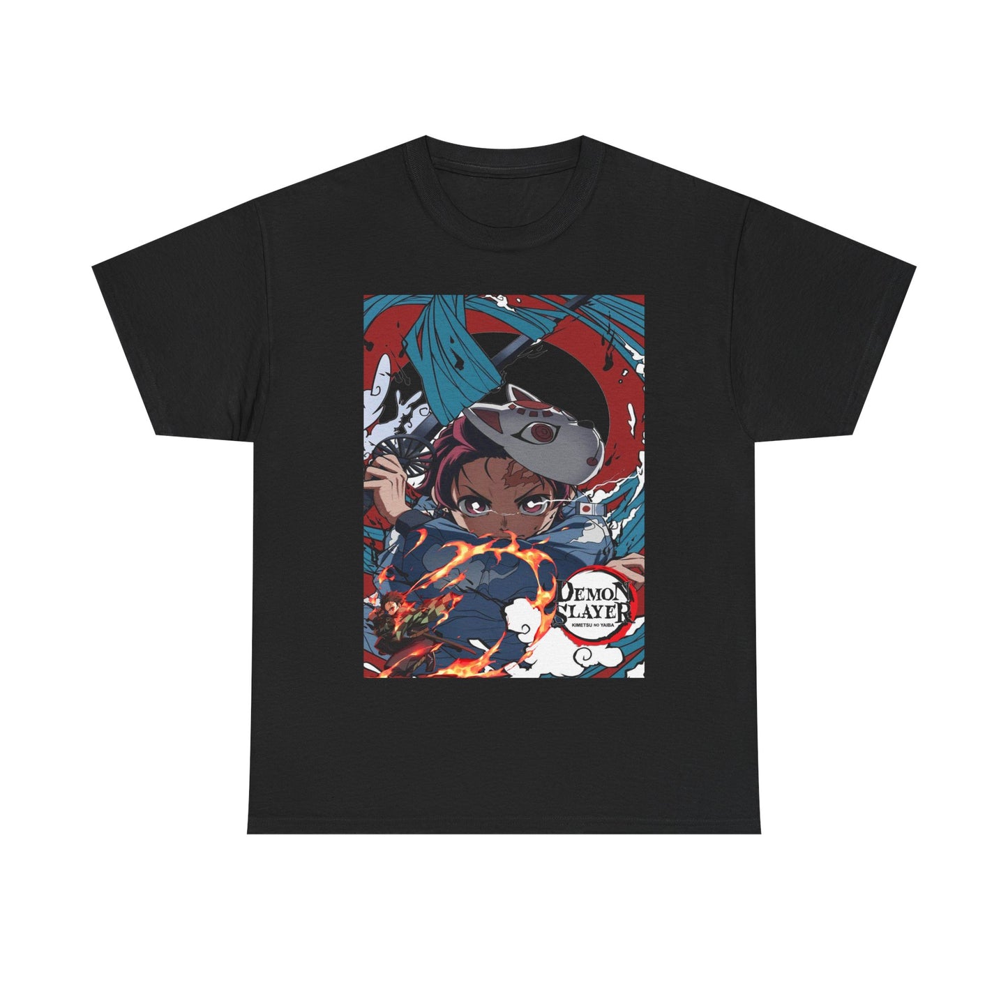 Luxurious black Demon Slayer t-shirt featuring a striking design of Tanjiro Kamado amidst swirling flames and vibrant graphics, perfect for anime enthusiasts.