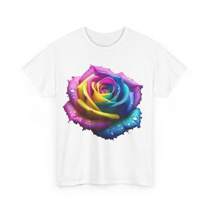 Front view of the Rainbow Rose Unisex Cotton Tee Graphic T Shirt, featuring a vibrant close-up of a rainbow rose adorned with water droplets.