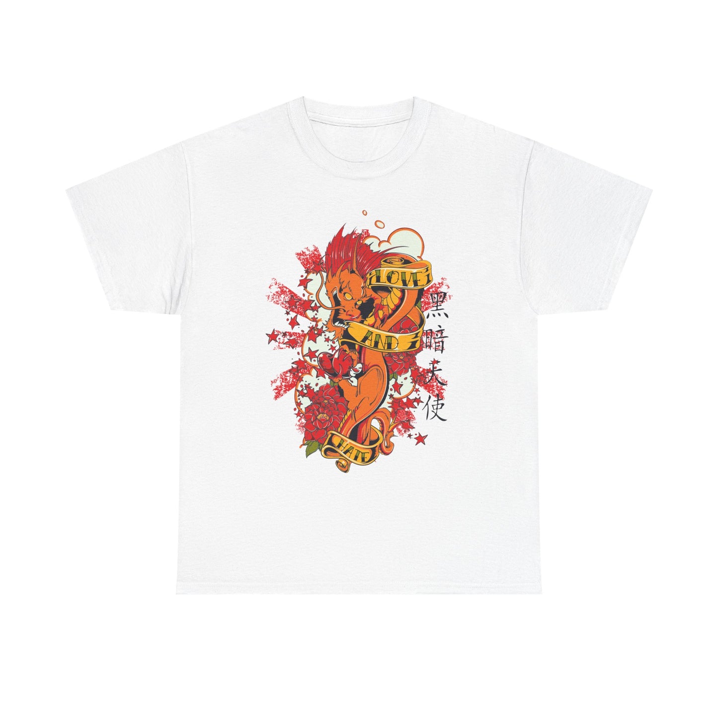 Luxurious white men's t-shirt featuring a vibrant dragon design in fiery colours, adorned with floral elements and an inspirational banner stating 'LOVE AND' in a stylish font.