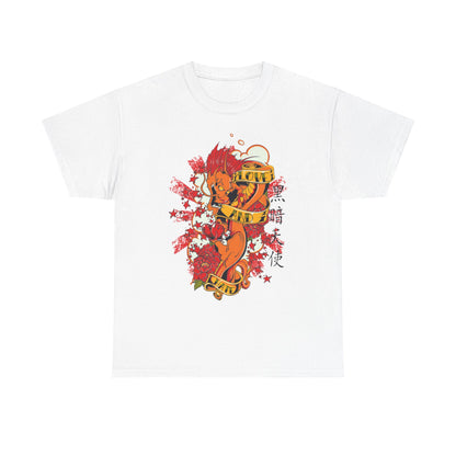 Fiery Dragon Men's T-Shirt in white featuring bold graphics of a dragon in vibrant hot orange and red accents, adorned with elegant floral elements and stylised banners reading "LOVE AND" in an artistic font, reflecting a blend of mythical and modern aesthetics.