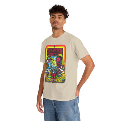 Stylish individual modelling a Stranger Things graphic tee, featuring vibrant artwork that resonates with fans, presenting a blend of nostalgia and modern fashion.