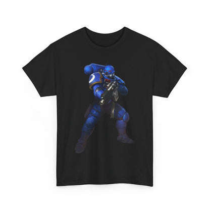 Fashion-forward black t-shirt adorned with a captivating illustration of a blue-armoured warrior, designed for those who appreciate unique and humorous apparel.