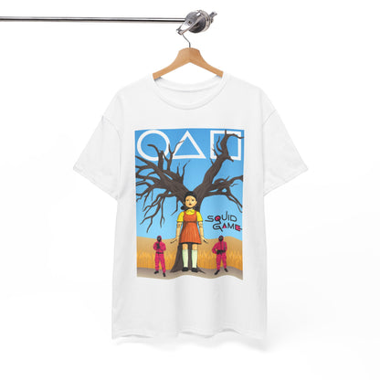 Sophisticated hanging white t-shirt with a prominent Squid Game graphic, highlighting intricate artwork and exceptional style for discerning fans.