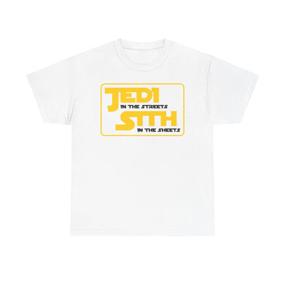 Stylish Men's T-Shirt Featuring Jedi Sith Design - Perfect for Star Wars Fans showcasing a striking rectangle design with bold yellow typography.