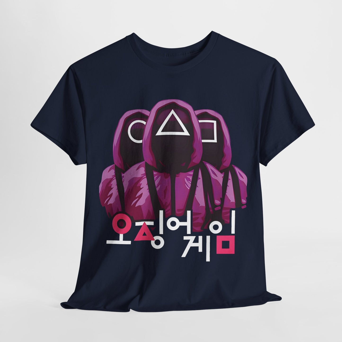 Squid Game Unisex Men’s Women’s Graphic T Shirt Tee in navy blue, showcasing sophisticated design elements with purple graphics and vivid Korean details.