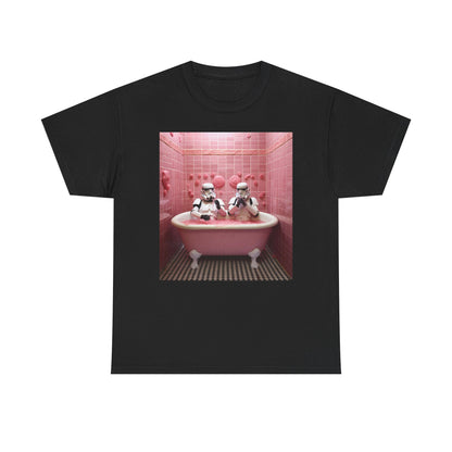 Chic black t-shirt showcasing a humorous graphic of Stormtroopers in a pink bathtub, surrounded by a lush pink interior, ideal for those appreciating unique and stylish apparel.