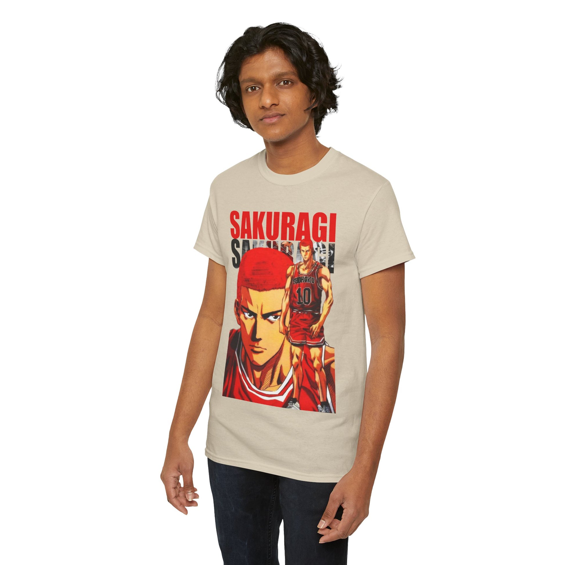 Elegant male model showcasing a sophisticated beige t-shirt featuring Sakuragi's vibrant artwork, perfect for stylish sports enthusiasts and anime fans alike.