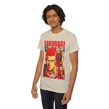 Elegant male model showcasing a sophisticated beige t-shirt featuring Sakuragi's vibrant artwork, perfect for stylish sports enthusiasts and anime fans alike.