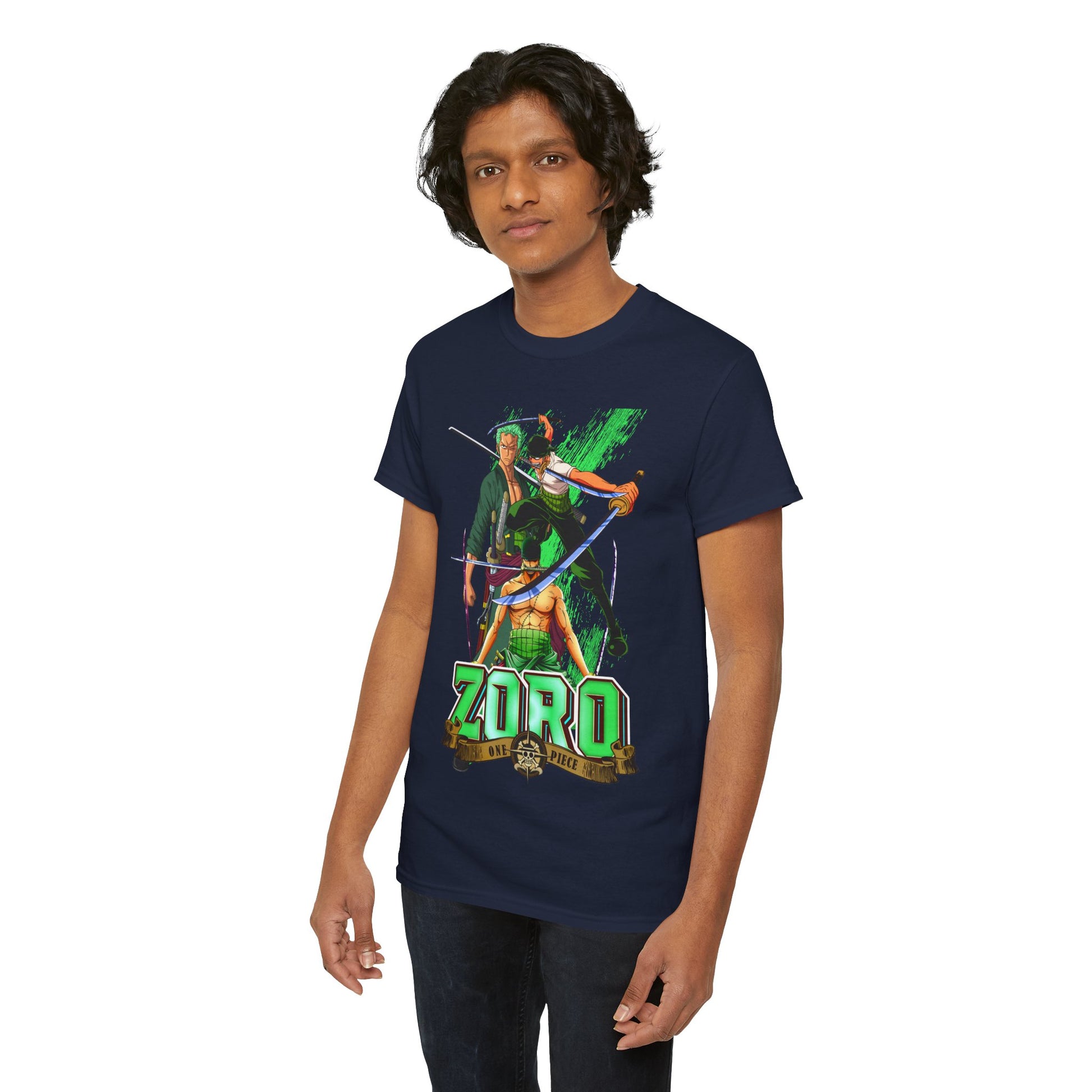 Sophisticated navy blue One Piece t-shirt design highlighting Zoro, featuring bold graphics and premium quality fabric, ideal for stylish streetwear.