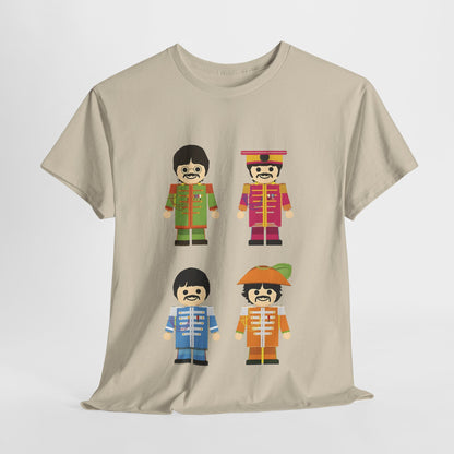 The Toy Beatles Graphic T-Shirt Urban Unisex Cotton Tee featuring stylized cartoon figures of the legendary band members in a vibrant design on a beige background, merging luxury and nostalgia.