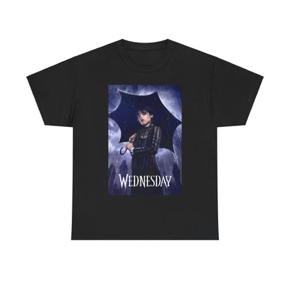 Unisex graphic tee shirt featuring the title 'Wednesday', showcasing an elegant design of a character holding an umbrella under a dramatic stormy sky, embodying dark elegance and gothic charm.