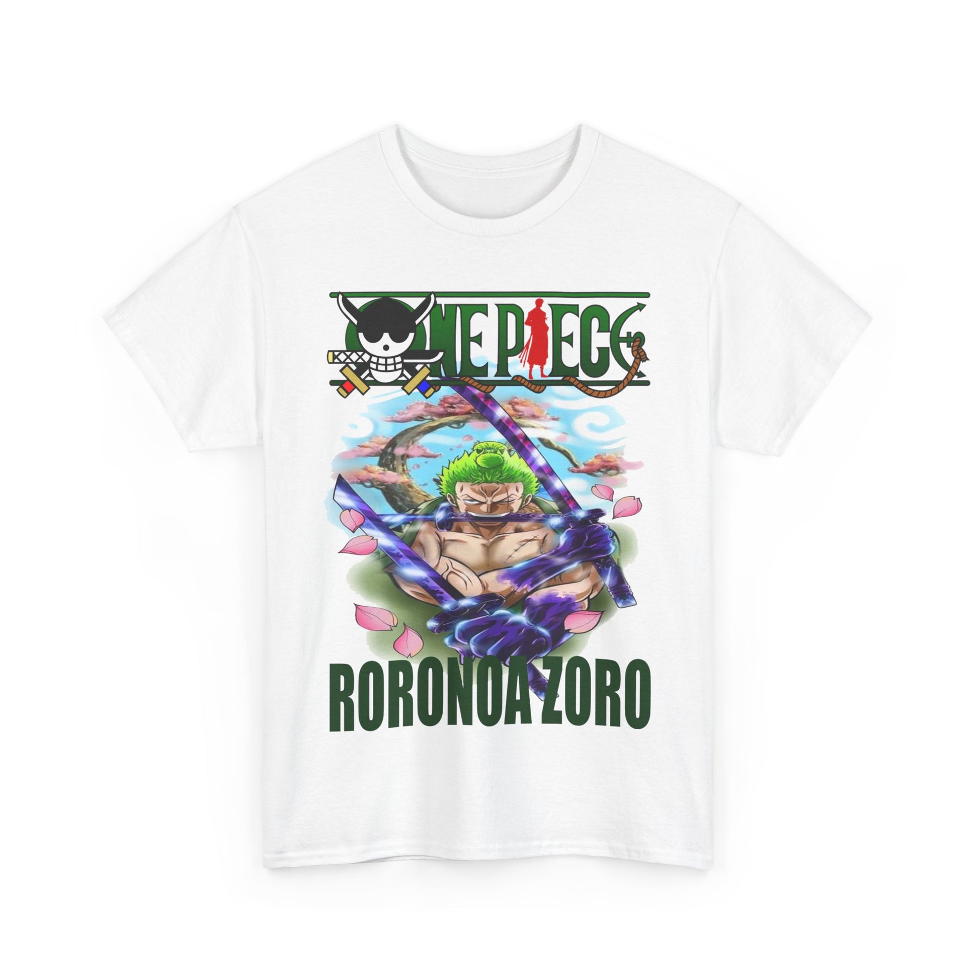 Classic white Roronoa Zoro t-shirt design featuring bold imagery and striking text, a statement piece for any wardrobe.