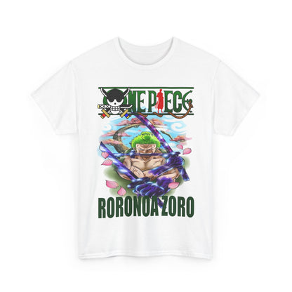 Classic white Roronoa Zoro t-shirt design featuring bold imagery and striking text, a statement piece for any wardrobe.