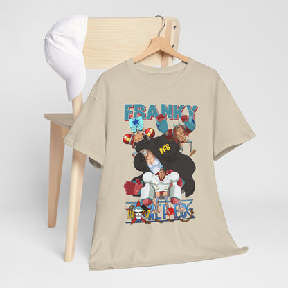 Stylish beige t-shirt adorned with a dynamic Franky anime illustration, displayed elegantly with a white cap on a minimalistic wooden chair.