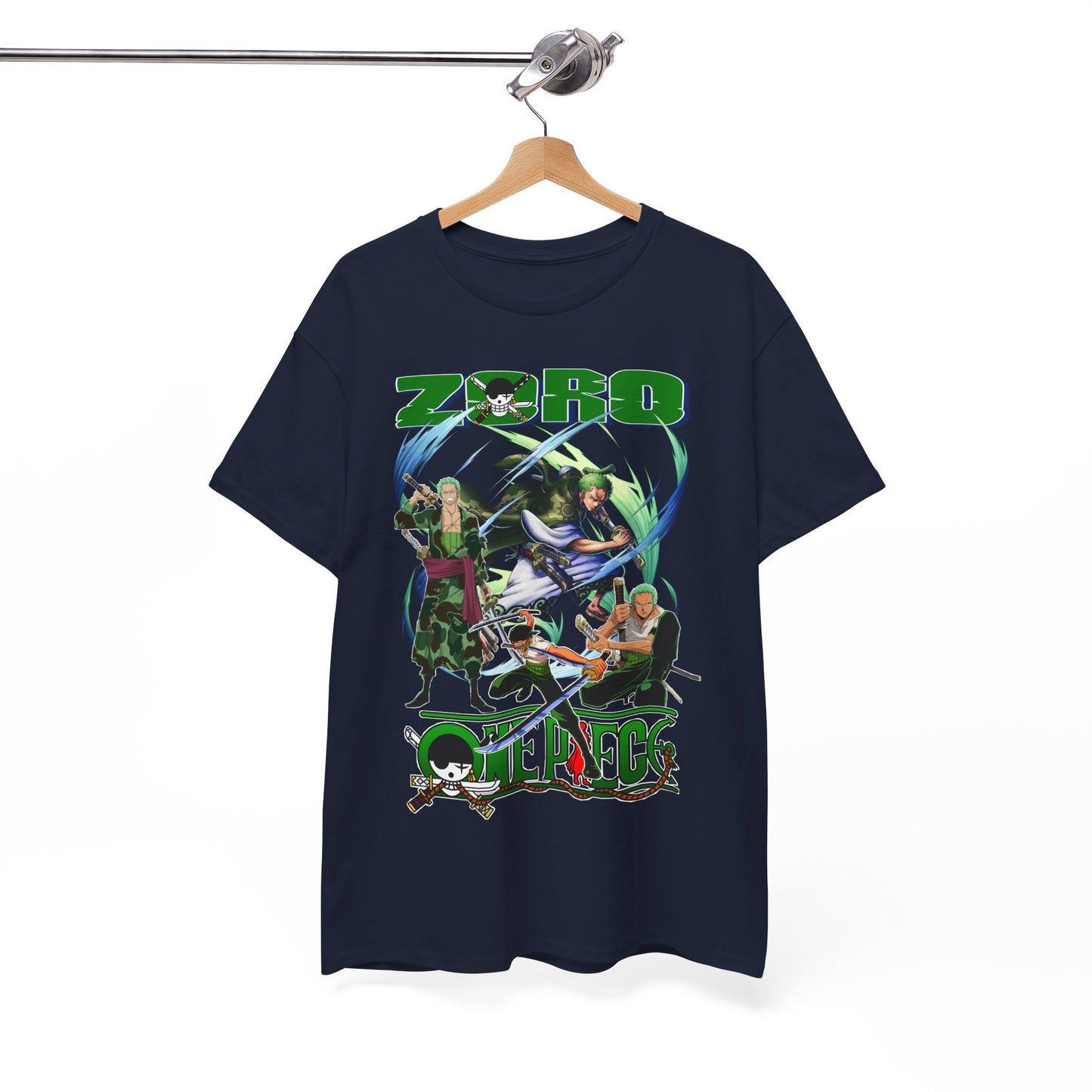 Luxurious navy blue One Piece T-shirt featuring Zoro and other characters, showcasing stunning graphic design for anime enthusiasts.