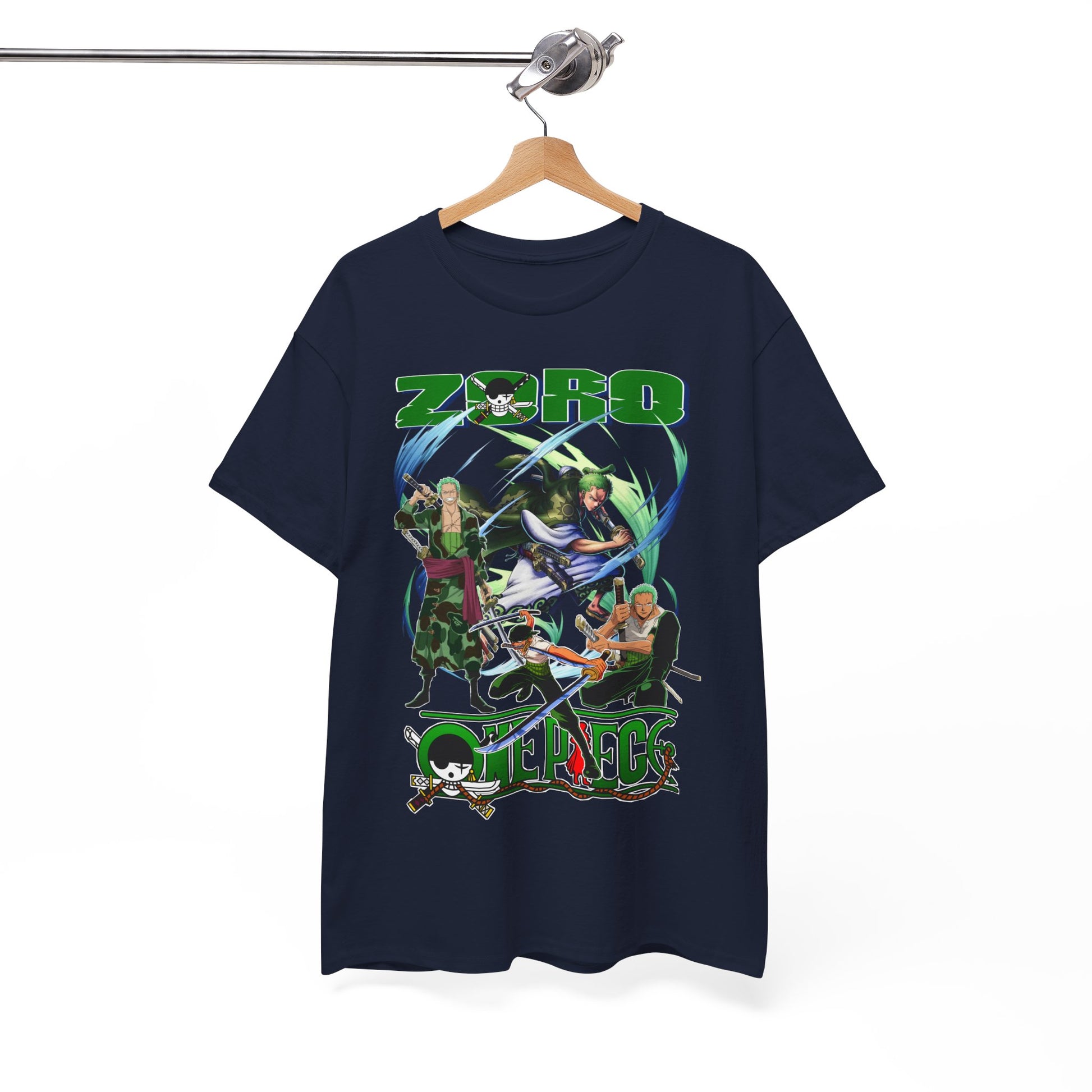 Luxurious navy blue One Piece T-shirt featuring Zoro and other characters, showcasing stunning graphic design for anime enthusiasts.