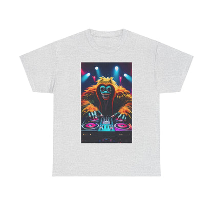 Street Monster Graphic T-Shirt featuring a vibrant graphic of a DJ with a colourful monster design, perfect for urban streetwear enthusiasts.