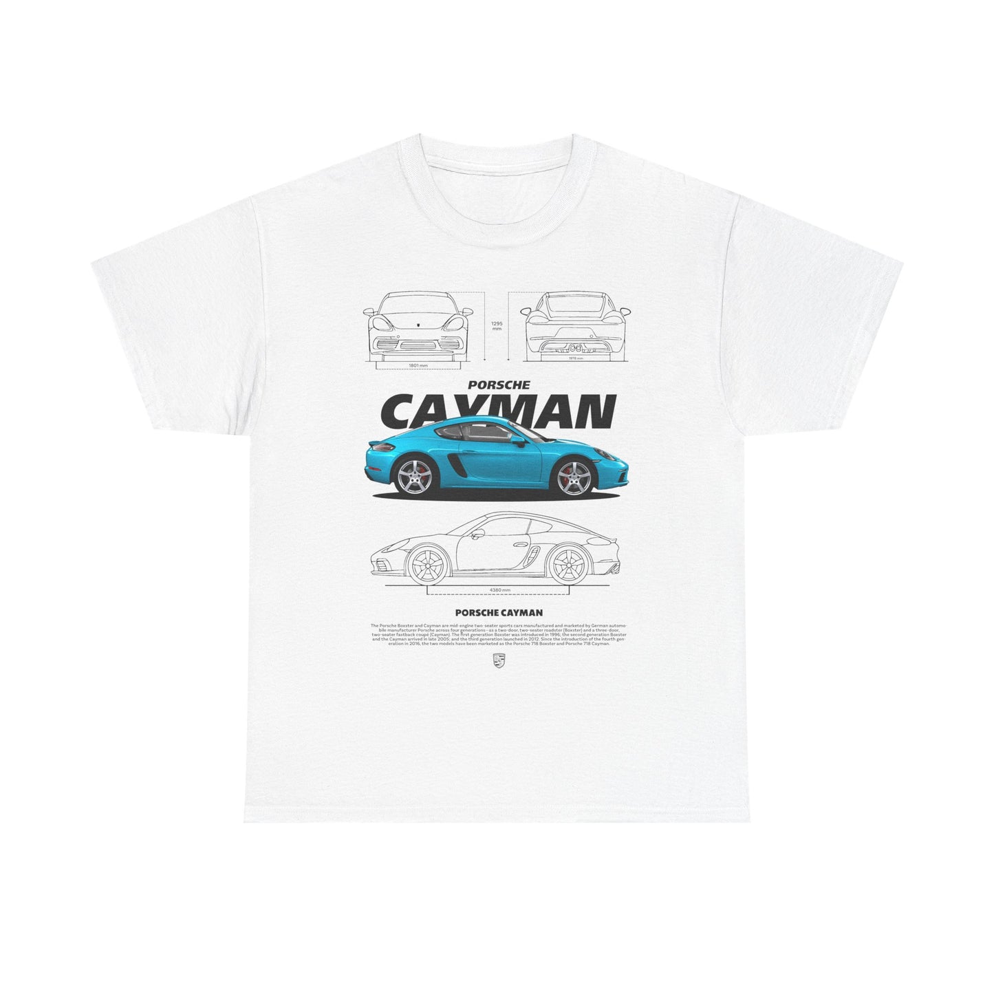 Stylish Porsche Cayman graphic t-shirt in white, featuring a vibrant teal-blue illustration of the iconic car with precise design details and dimensions. Ideal for luxury sports car enthusiasts.