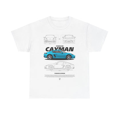 Stylish Porsche Cayman graphic t-shirt in white, featuring a vibrant teal-blue illustration of the iconic car with precise design details and dimensions. Ideal for luxury sports car enthusiasts.