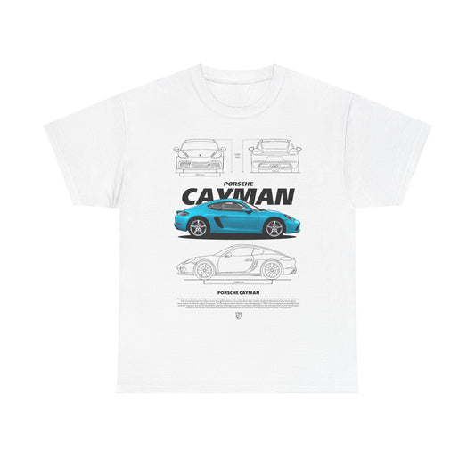 Stylish Porsche Cayman graphic t-shirt in white, featuring a vibrant teal-blue illustration of the iconic car with precise design details and dimensions. Ideal for luxury sports car enthusiasts.