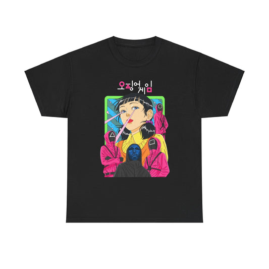 Luxurious black graphic tee featuring a vibrant illustration inspired by a popular survival game series, showcasing a stylish character with unique hair and striking facial features.