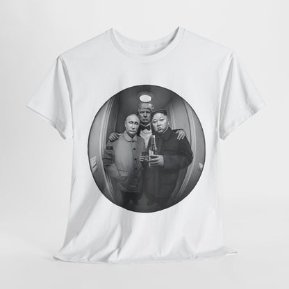 Luxury graphic t-shirt featuring a whimsical illustration of three world leaders in a fisheye lens perspective, perfect for those who appreciate satire in fashion.