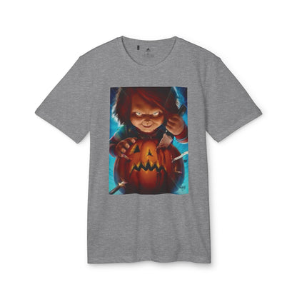 Adidas Unisex Halloween Chucky Cute T-shirt in grey showcasing a charming Chucky graphic with a pumpkin, ideal for a fashionable Halloween ensemble.
