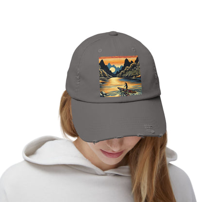 Unisex Distressed Paddleboarders Cap in grey featuring a stunning fantasy design, perfect for water enthusiasts.