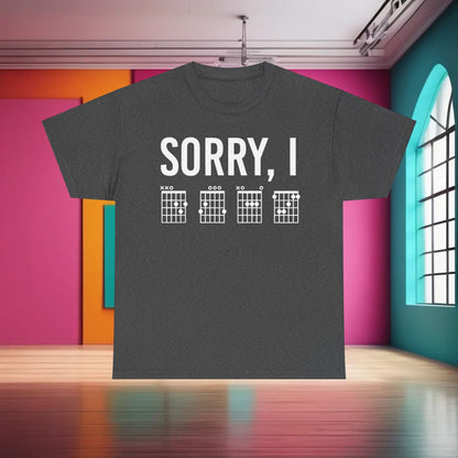 Sorry I DGAF Graphic T-Shirt displaying artistic chord designs on a refined grey material, embodying an unapologetic spirit of musical expression.